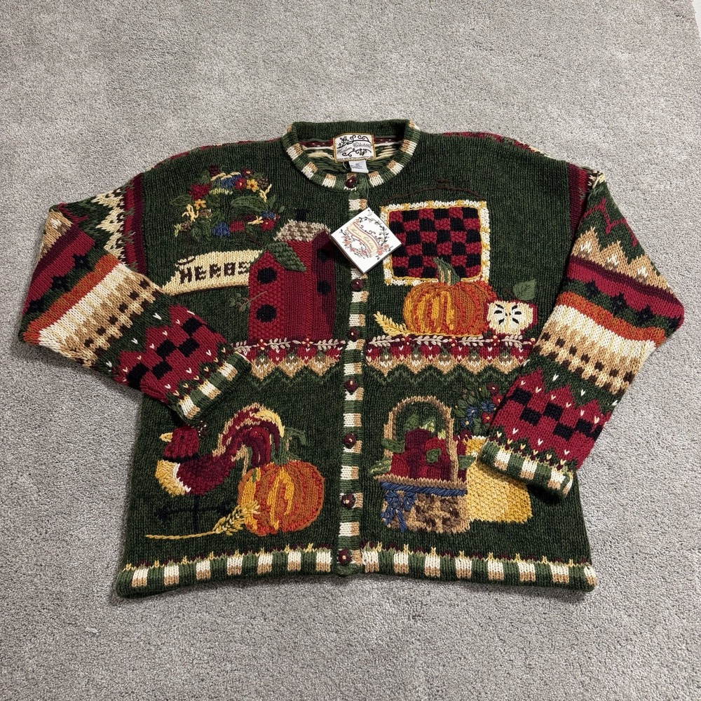 Vintage Heirloom Collectibles Sweater Womens Sz XL Green Fall Harvest Pumpkins